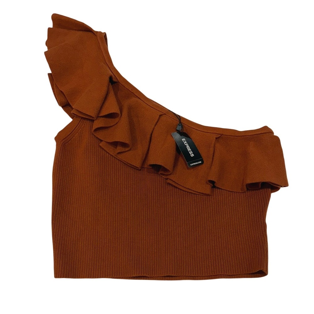 Express One Shoulder Ruffle Ribbed Knit Crop Top Rust Brown Size Large NEW‎